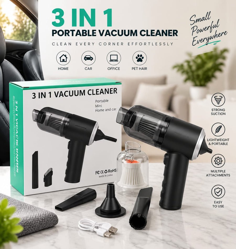 3-in-1 Portable Mini Vacuum Cleaner | Powerful Cordless Car & Home Cleaner with Multiple Attachments