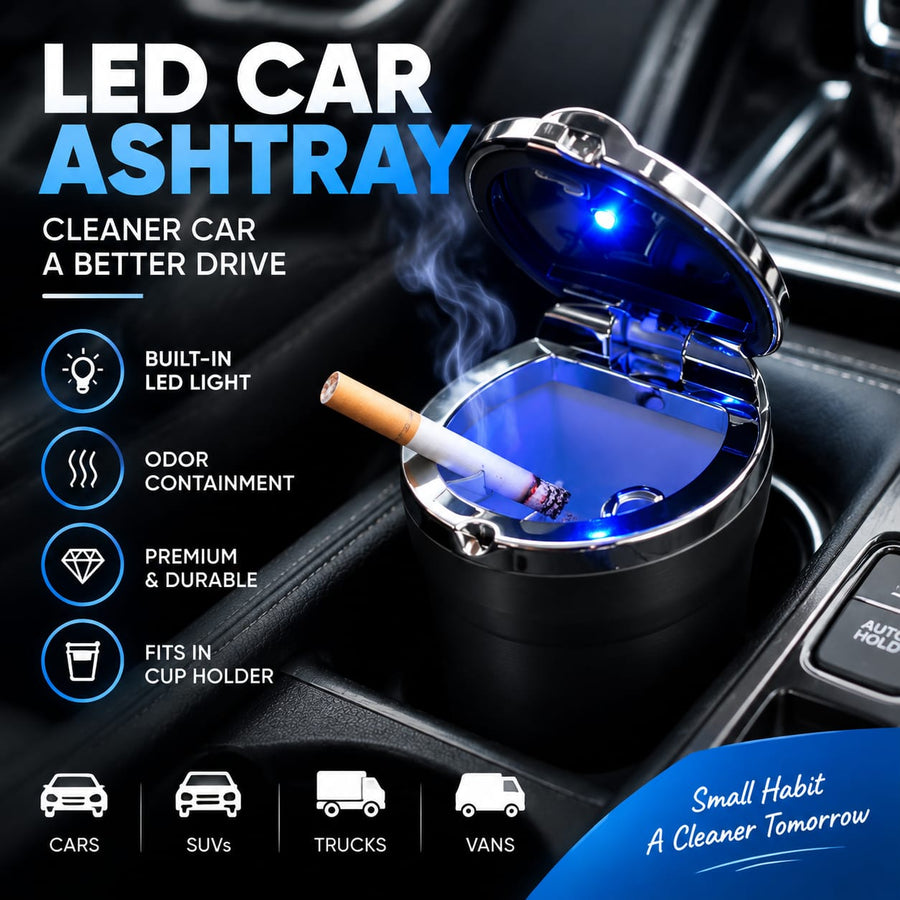 LED Car Ashtray | Portable Auto Ashtray with Blue Light, Odor Control & Cup Holder Fit